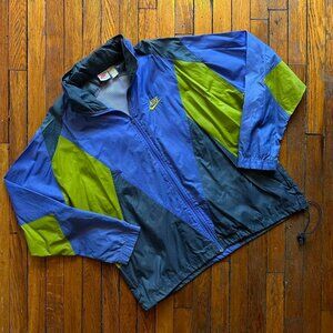 Vintage 80s Nike Hooded Windbreaker Track Jacket Men XL Blue Green Color Block.‎